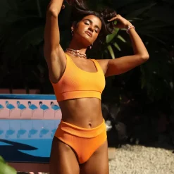 Bikini Bottoms High Hip Cheeky Bikini Bottom – Papaya Ribbed<Kulani Kinis New