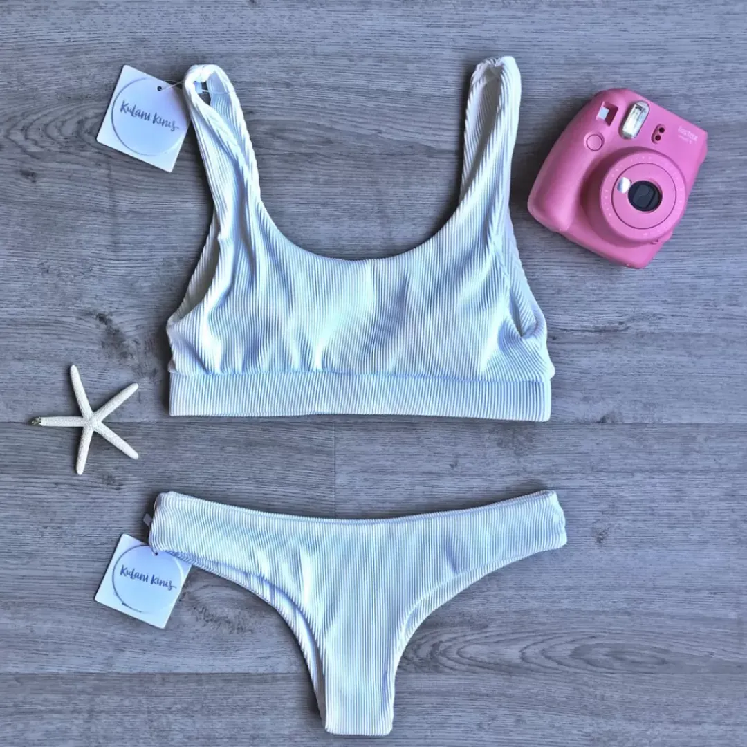 Bikini Tops Long Crop Bikini Top – White Ribbed<Kulani Kinis Discount